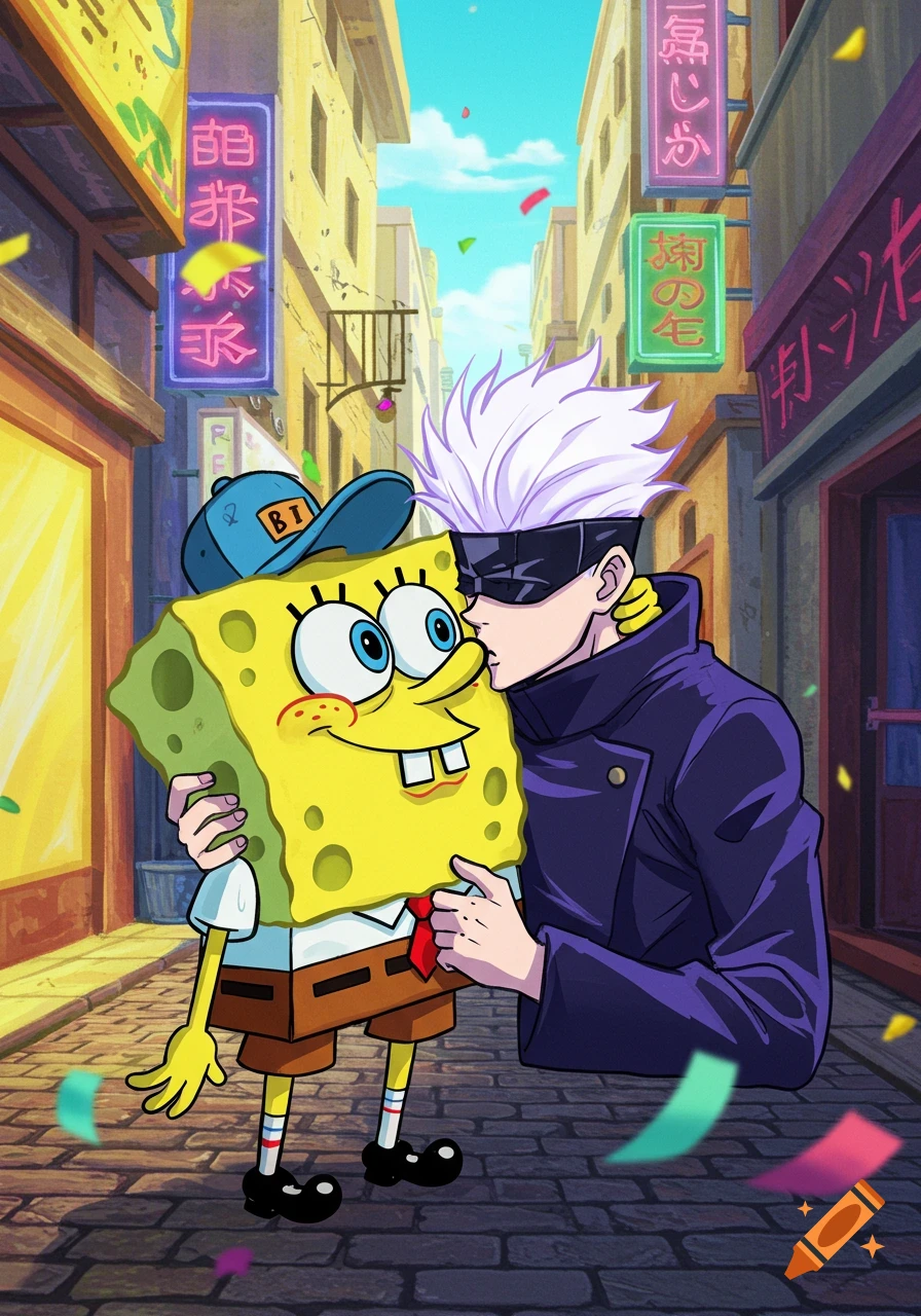 SpongeBob SquarePants in a blue cap kisses Gojo Satoru on a vibrant street with neon signs and confetti in an anime style.