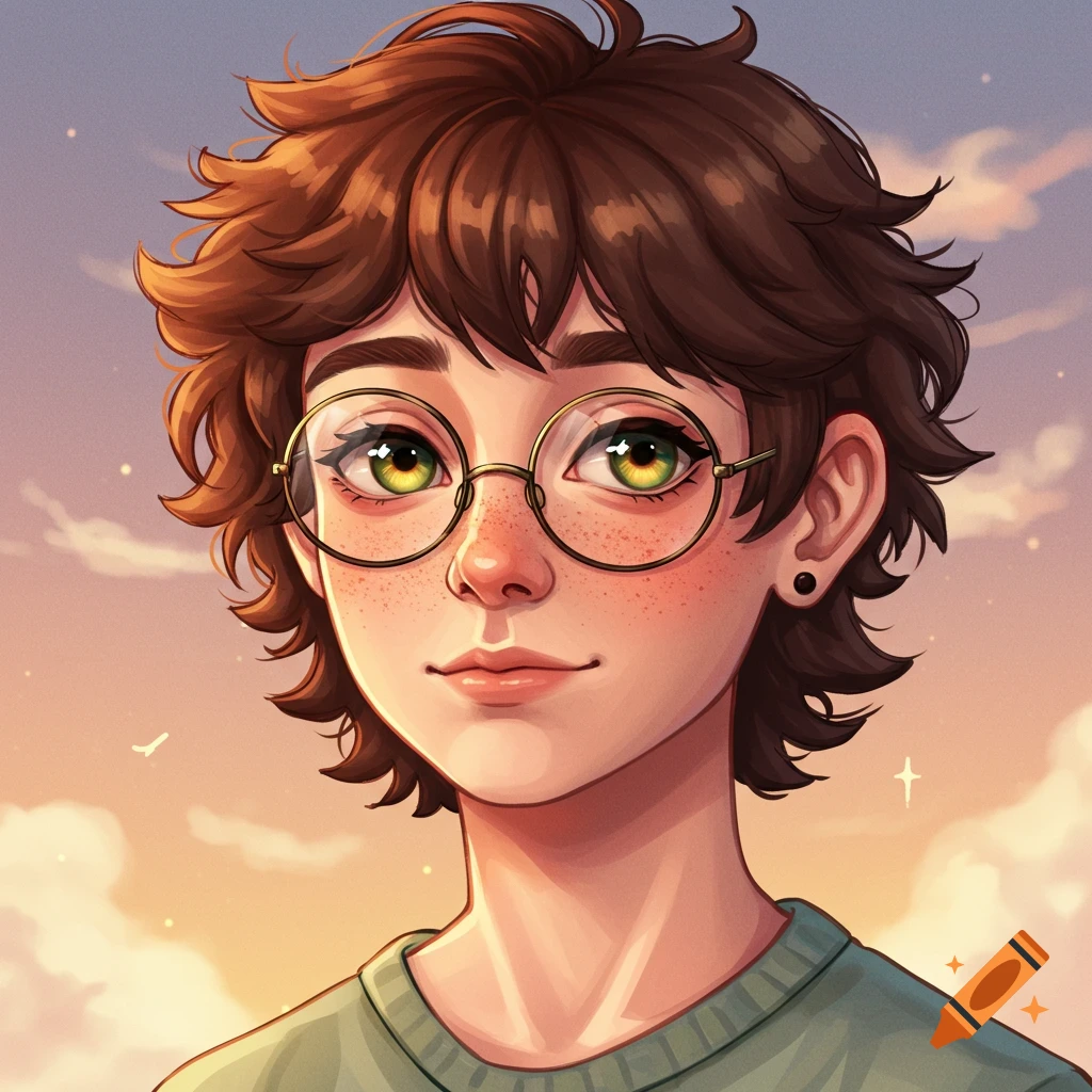Anime portrait of a person with short brown hair, round glasses, freckles, and green eyes, set against a sunset sky.