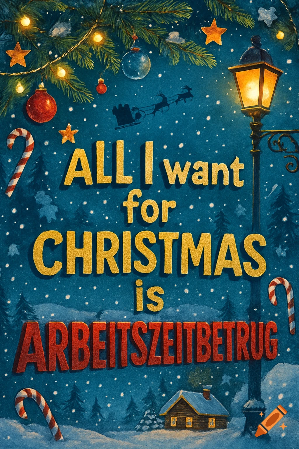 A festive Christmas illustration with a snowy blue background, decorated evergreen branches, a street lamp, a cabin, and Santa's sleigh silhouette. Gold text reads, "ALL I want for CHRISTMAS is" with red text below, "ARBEITSZEITBETRUG" (time card fraud).