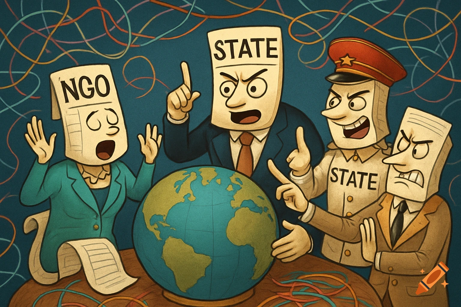 Cartoon illustration of characters with 'NGO' and 'STATE' labels on their heads arguing over a globe, symbolizing international relations.