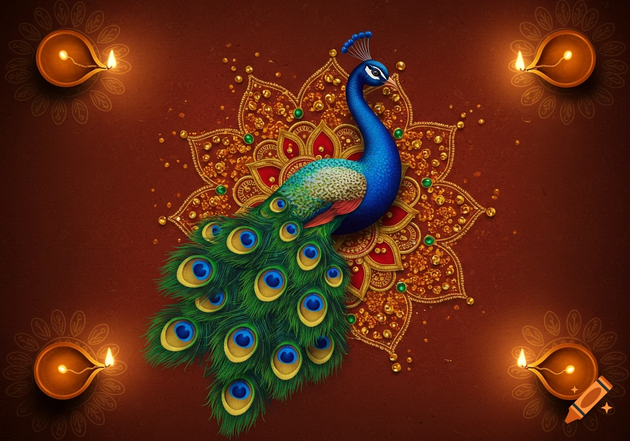 Vibrant blue peacock on a golden and red mandala pattern, surrounded by four glowing oil lamps, against a textured reddish-brown background.