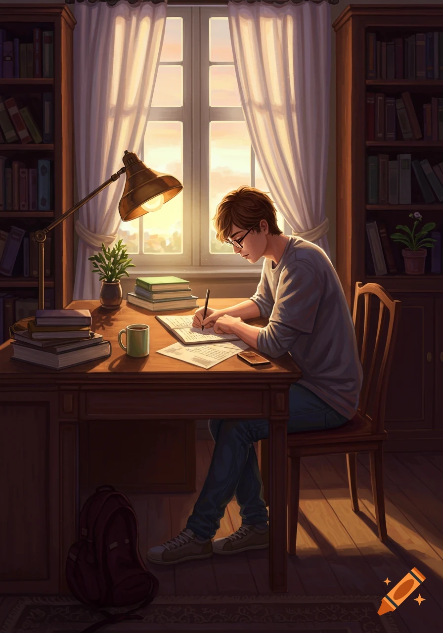Anime-style student with glasses studying at a sunlit wooden desk, surrounded by books, writing on paper.