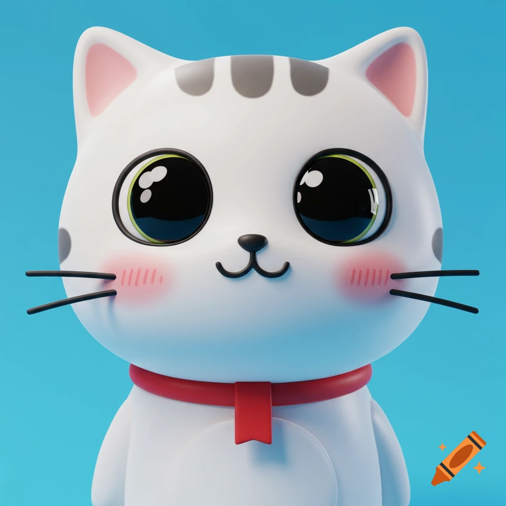 A cute, white, cartoon cat with big black eyes, pink cheeks, and grey stripes on its head, wearing a red ribbon, against a blue background.