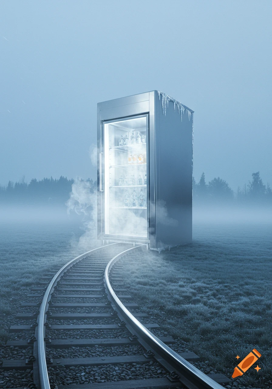 A surreal scene of a large, frosted freezer with glowing contents emerging from curved train tracks in a misty, icy field.