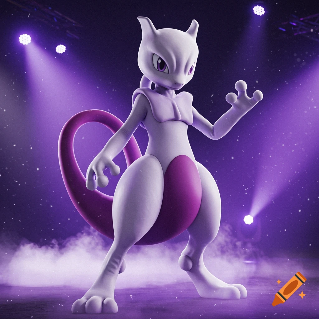 Mewtwo stands on a smoky stage under purple spotlights, striking a powerful pose.