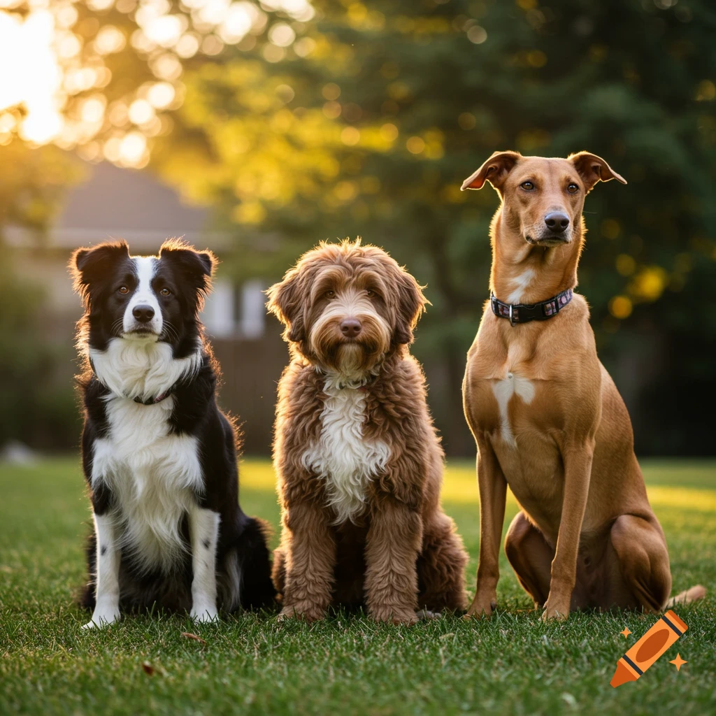 Three photorealistic dogs, a Border Collie, an Aussiedoodle, and a tan dog, sit on a green lawn at sunset.