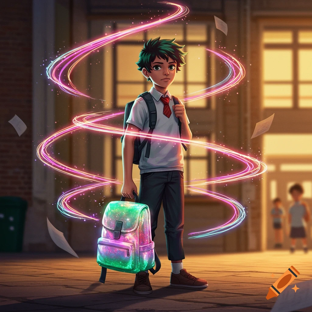 Anime-style boy with green hair stands outside a school, holding a glowing, magical backpack amidst neon light trails.