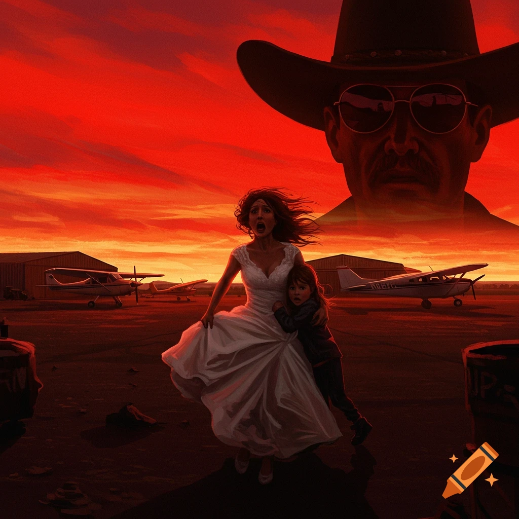 A terrified woman in a wedding dress holds a child, running across an airfield under a fiery red sky, with a giant, ominous cowboy in the background.