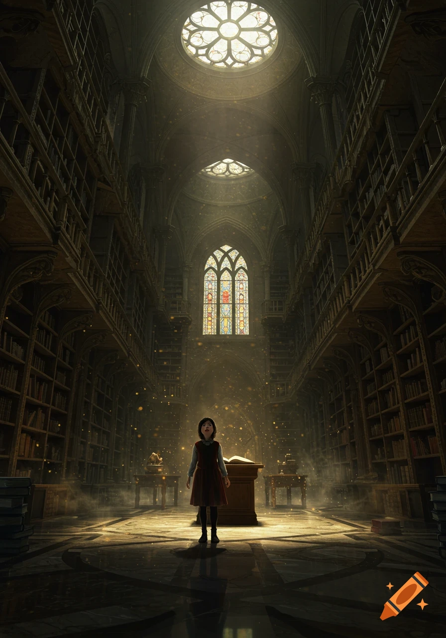 A young girl stands centered in a vast, dark gothic library, illuminated by light from a stained-glass window above, with dust motes floating.