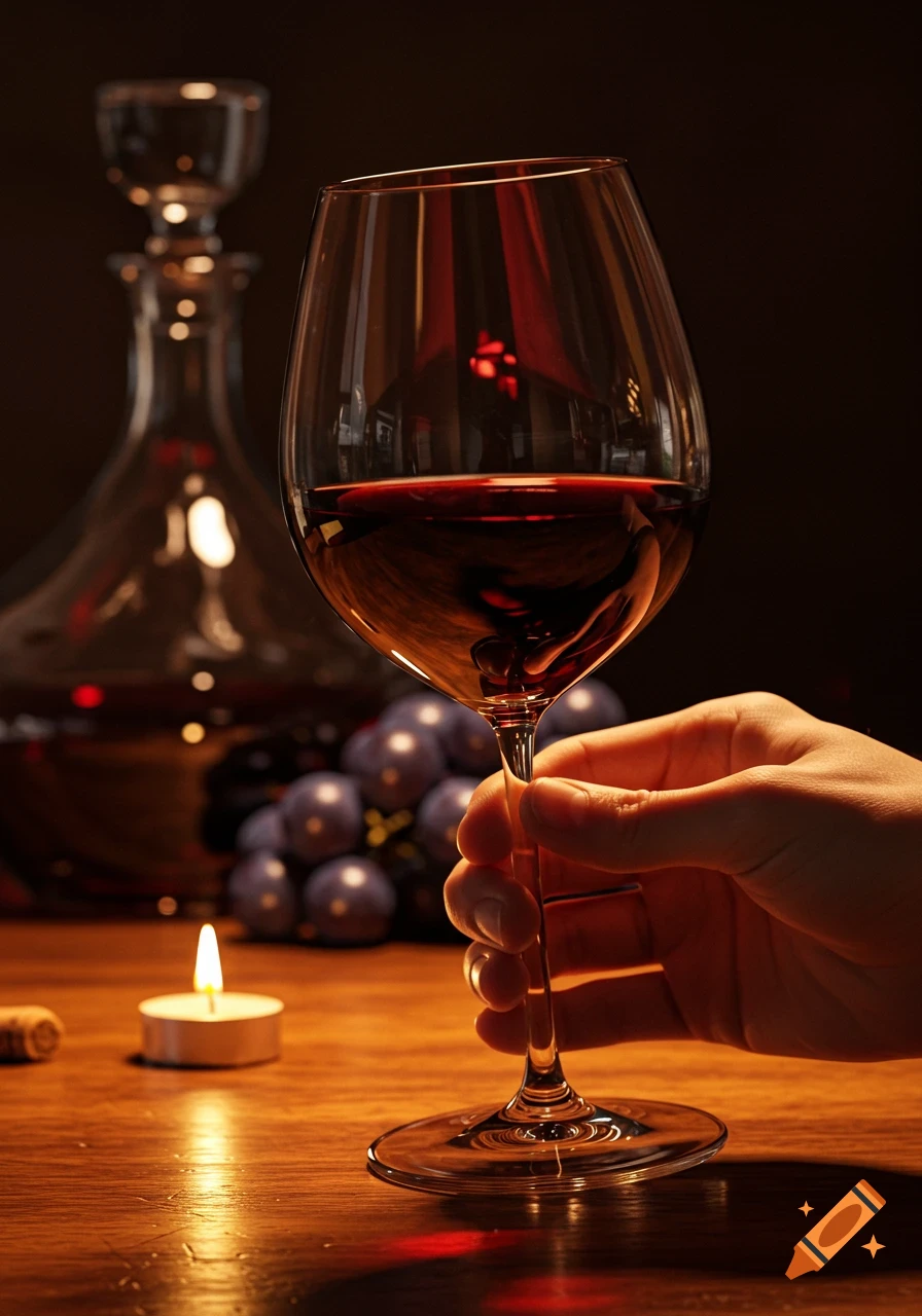 A photorealistic image of a hand holding a wine glass filled with red wine, with a decanter, grapes, and a lit candle on a wooden table.