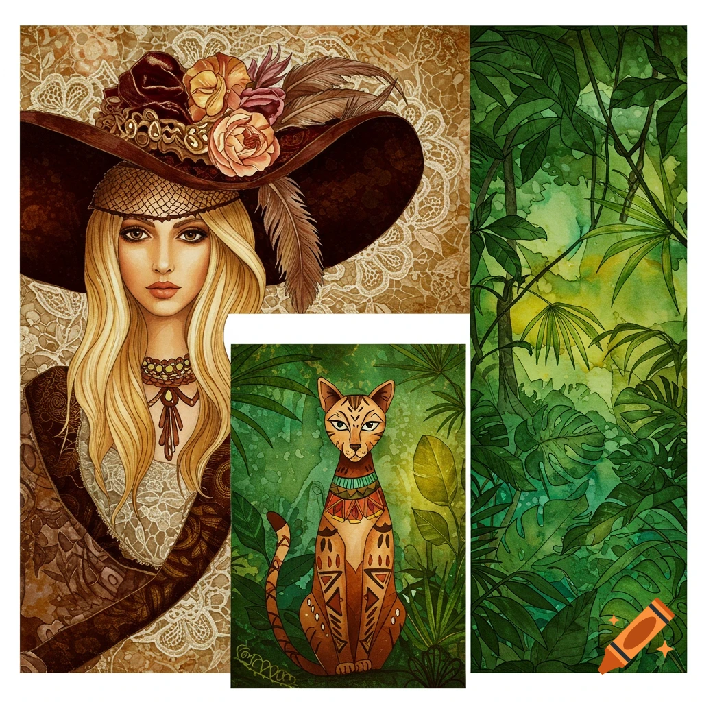 Three abstract watercolor panels: a woman with long blonde hair and a large floral, feathered hat, an ornate tribal-patterned cat, and lush green jungle foliage.