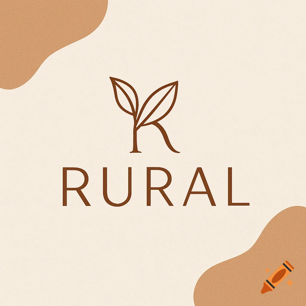 Minimalist brown and beige logo for 'RURAL' featuring a stylized letter R with leaves and organic shapes.