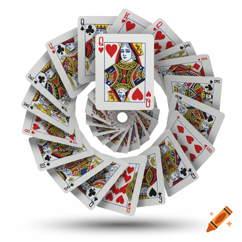 Playing cards arranged in a swirling cone spiral with the Queen of Hearts prominently displayed at the center.
