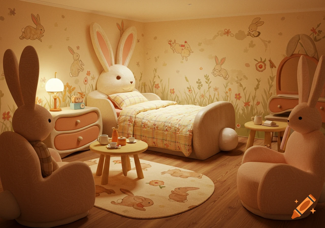 A cozy child's bedroom with a rabbit-shaped bed, matching chairs, and rabbit-themed wallpaper and rug.