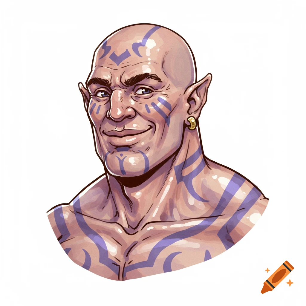 Comic book watercolor portrait of a smiling bald goliath barbarian with pointed ears and purple tribal markings.