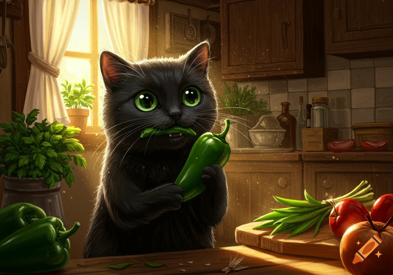 A cute black cat with big green eyes stands in a rustic kitchen, holding a green pepper in its mouth.