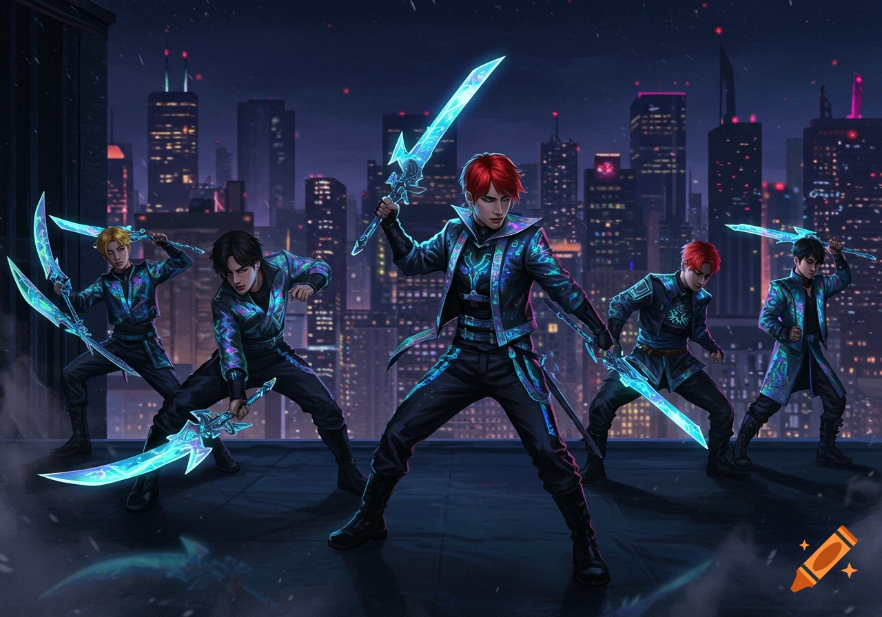 Five men with glowing swords pose heroically on a cyberpunk city rooftop at night, illustrated in a dynamic fantasy style.