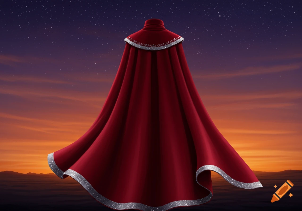 A vibrant red cape with shimmering silver trim floats against a dramatic sunset and starry twilight sky.