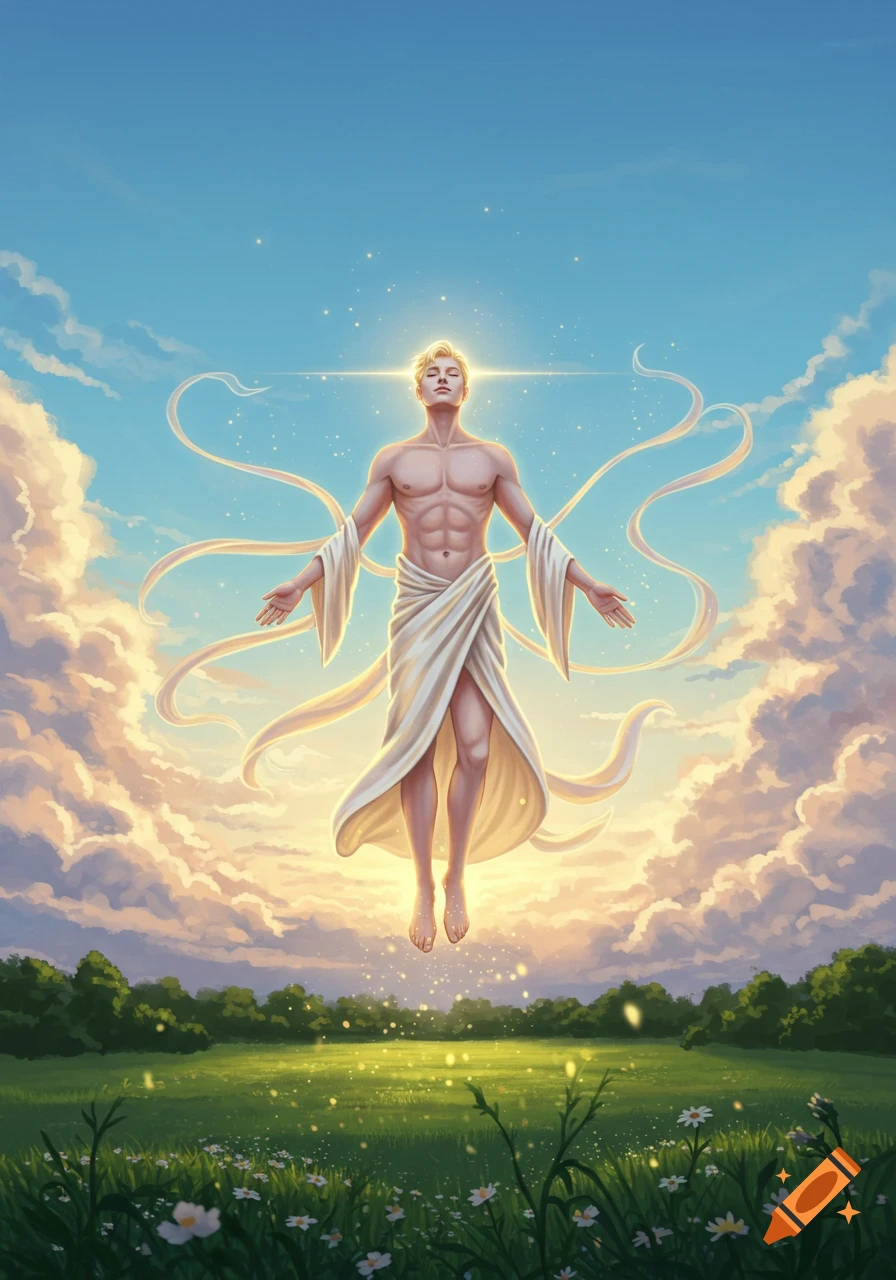 Blond man in a white toga floating above a green field with flowers, surrounded by bright clouds in a radiant sky.