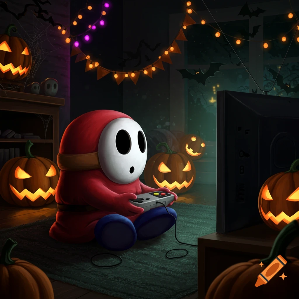 A red Shy Guy sits on a rug in a dark, Halloween-decorated room, playing video games on a TV surrounded by glowing jack-o'-lanterns.