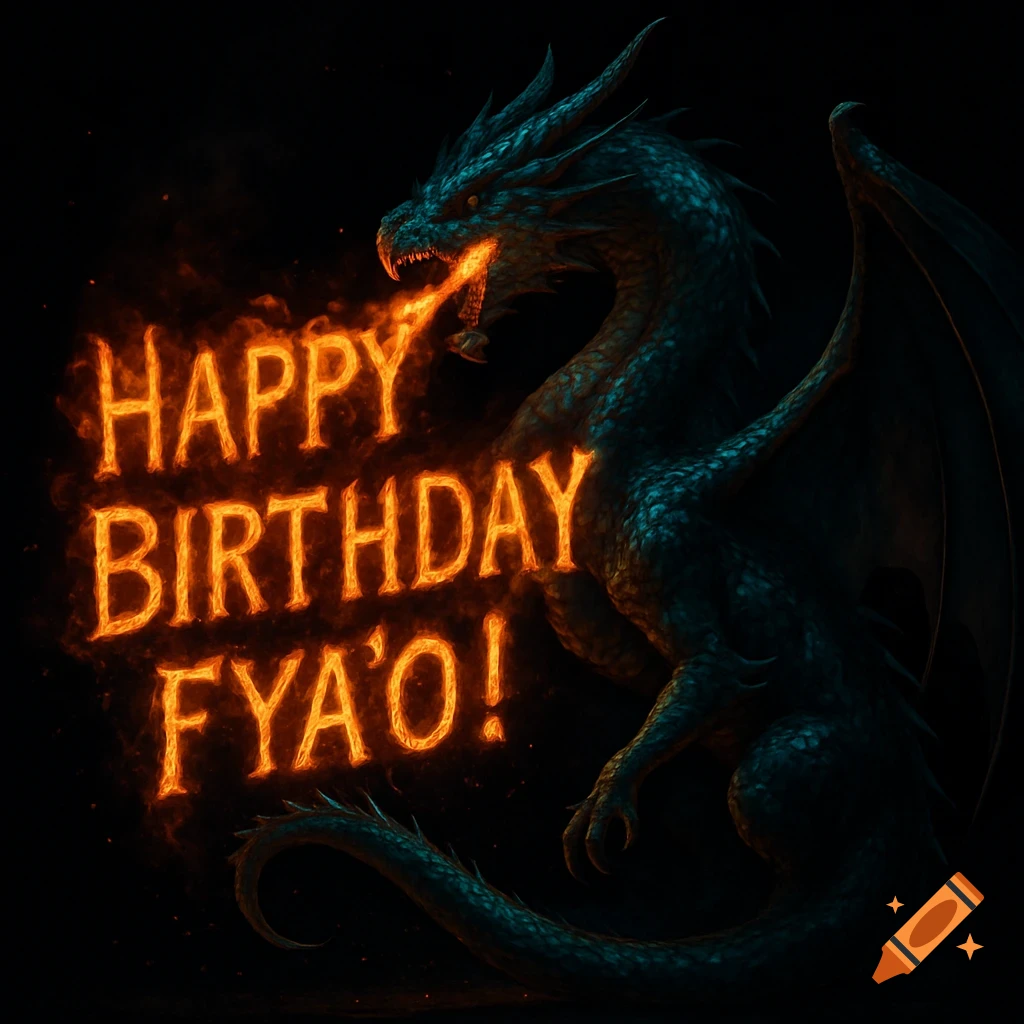 A dark, majestic dragon breathes fire, forming the glowing orange text 'HAPPY BIRTHDAY FYA'O!' on a black background.