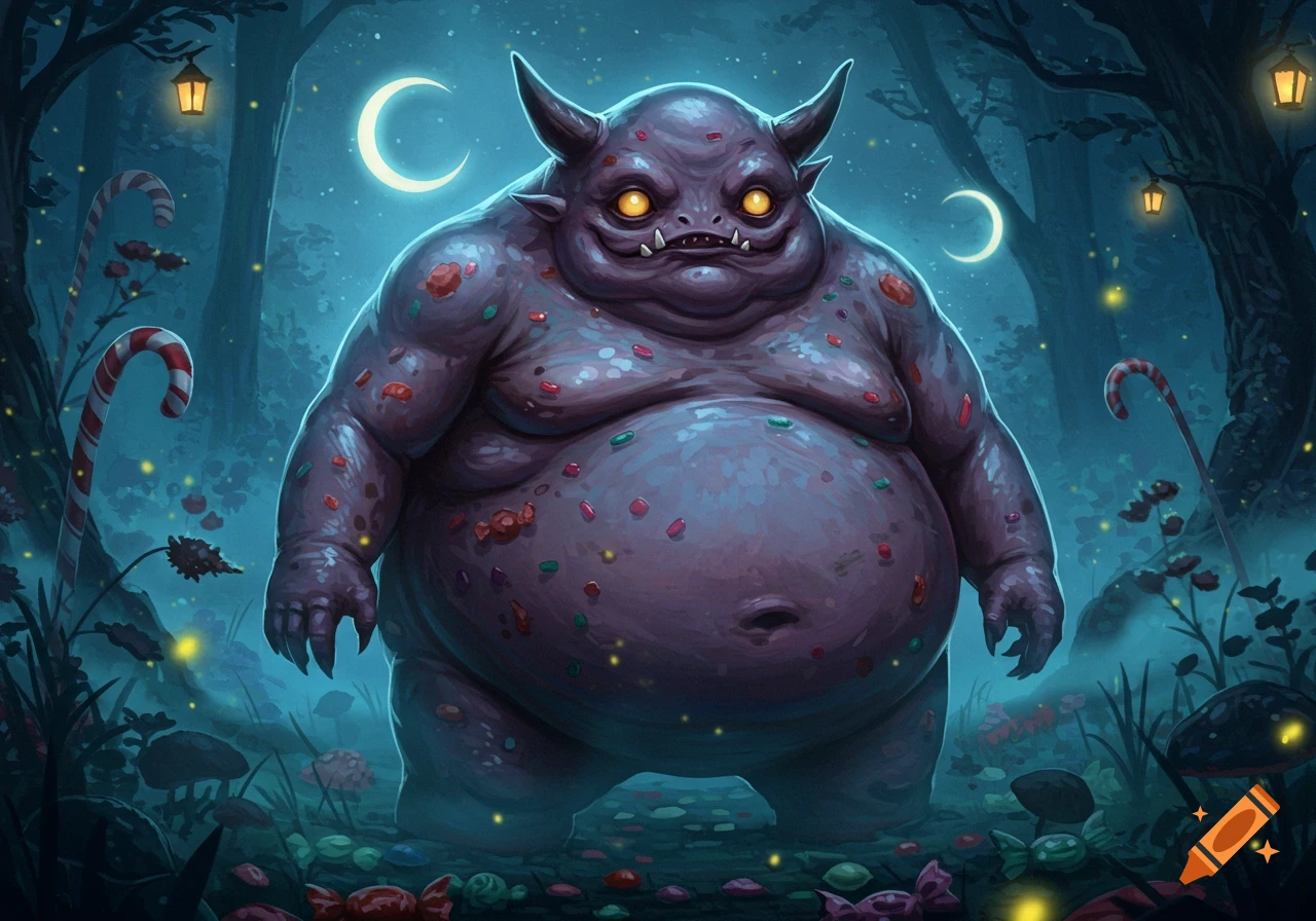 A plump, purple horned monster covered in candies with glowing eyes stands in a dark, magical forest at night with crescent moons.