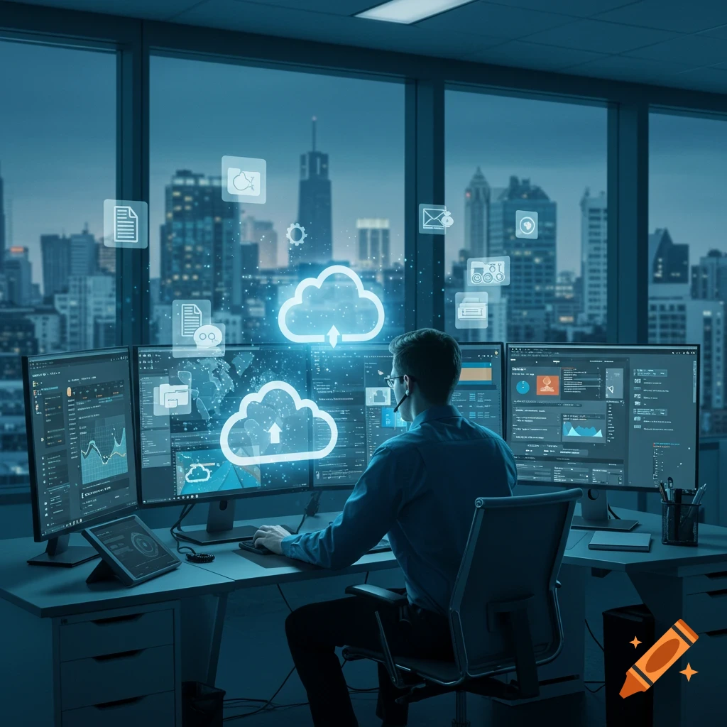 A man in an office, working at multiple computer monitors with cloud computing icons and city skyline in the background, in a blue-toned, photorealistic style.
