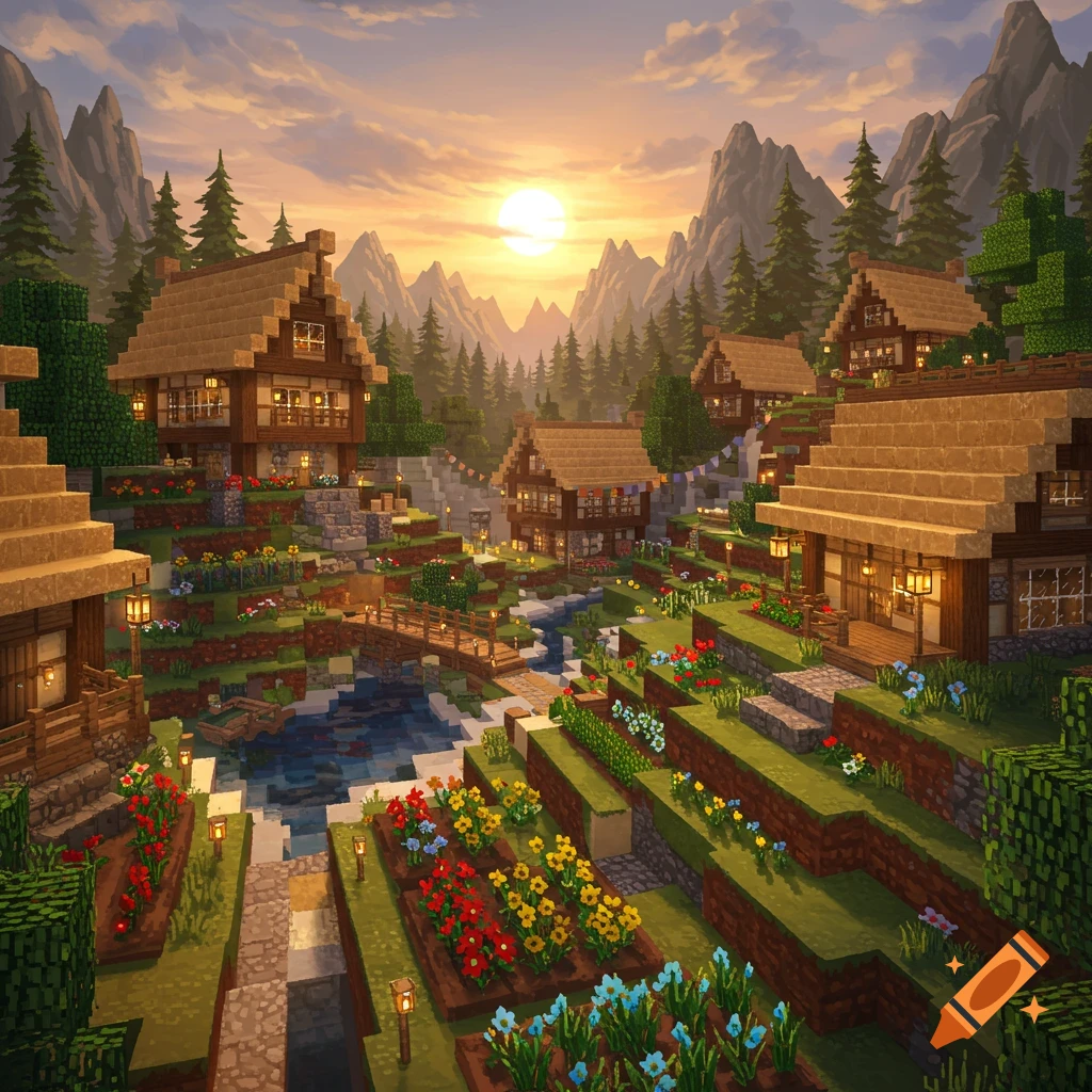 A vibrant Minecraft-style mountain village with terraced gardens, a river, and wooden houses under a sunset sky.
