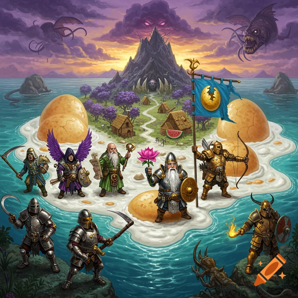 An epic, vibrant fantasy illustration of an island with a central dark mountain under a stormy violet sky, surrounded by warriors and mages.