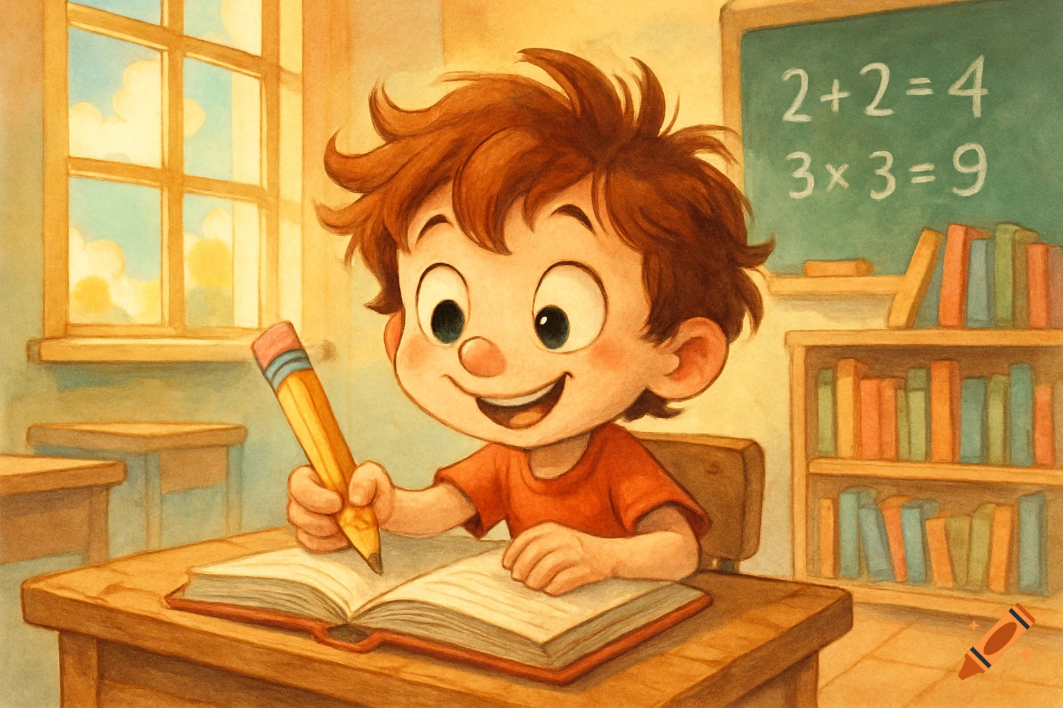 A smiling cartoon child with brown hair sits at a classroom desk, writing in a book. A blackboard and bookshelves are in the background.