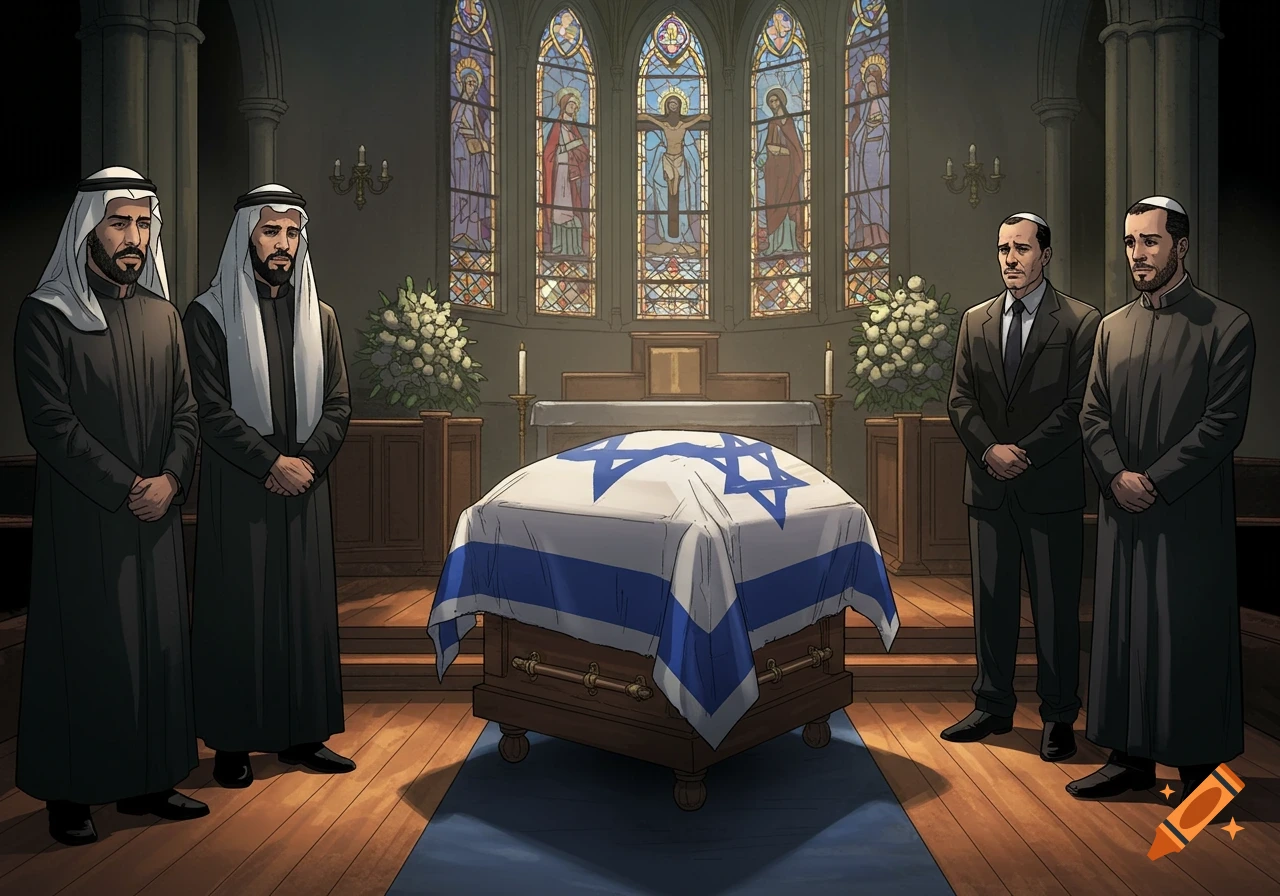 Comic art of five men at a funeral in a church, gathered around a coffin draped with an Israeli flag.