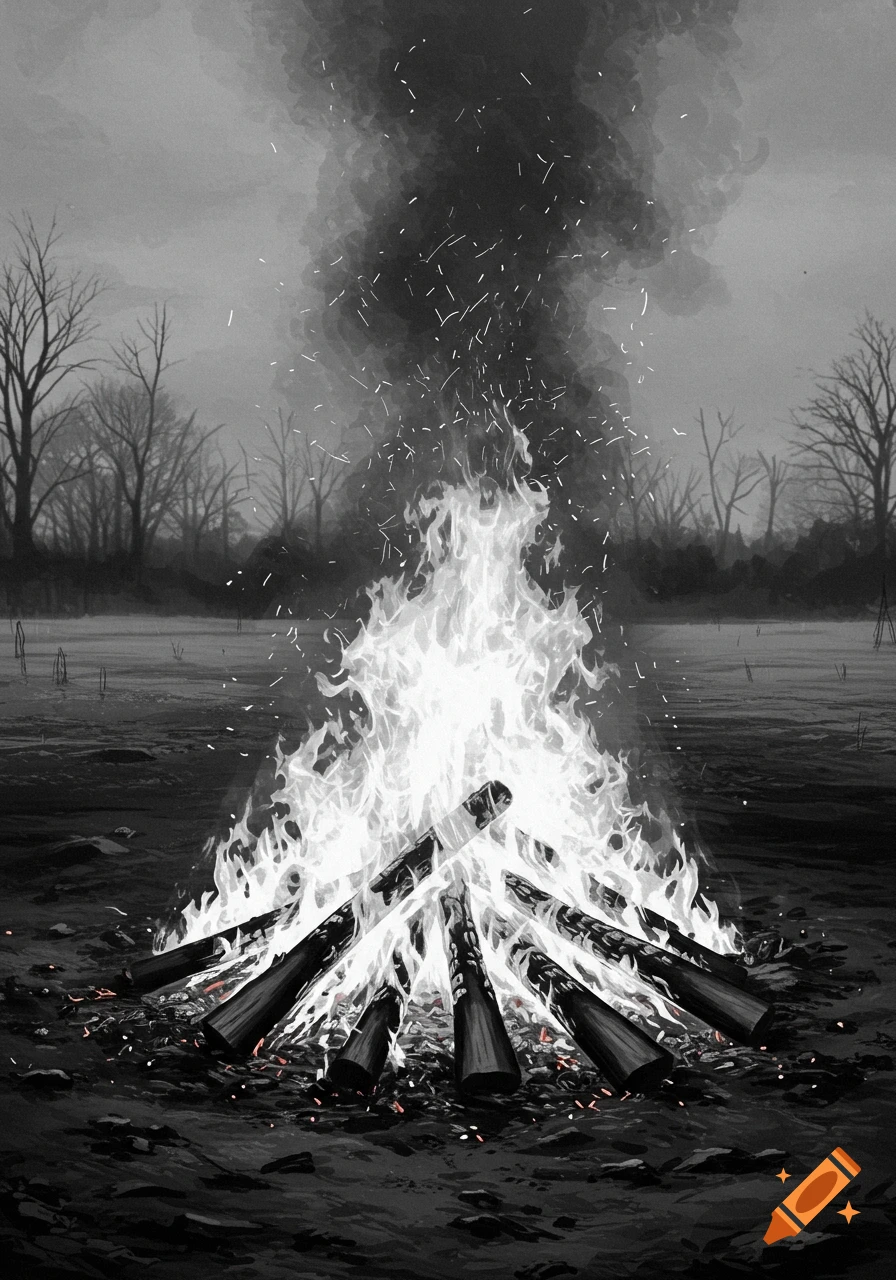 A stylized monochrome campfire with white flames, dark smoke, and embers in a desolate, treelined landscape.