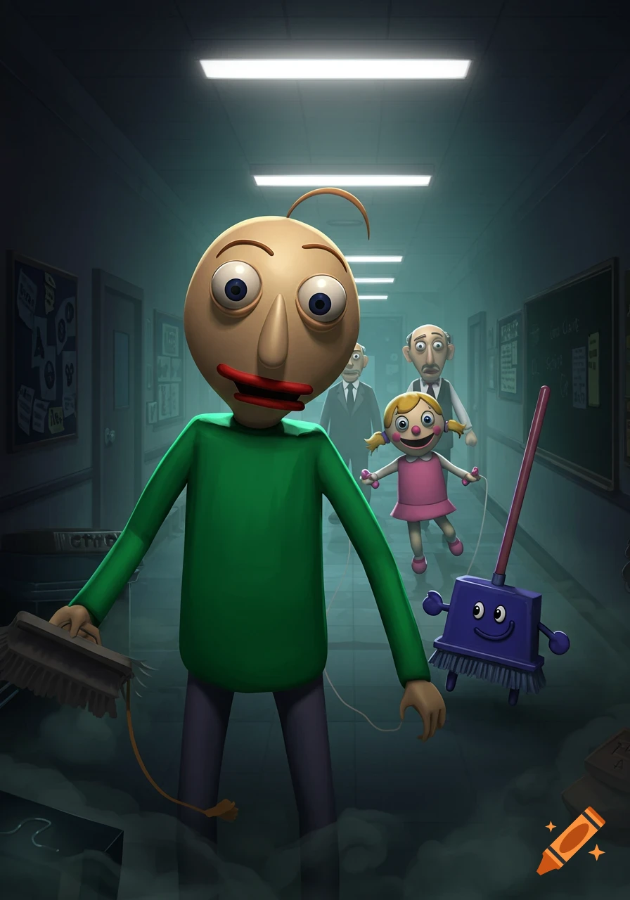 Baldi, Playtime, Gotta Sweep, and the Principal from Baldi's Basics in Education and Learning in a dark school hallway in 3D cartoon style.