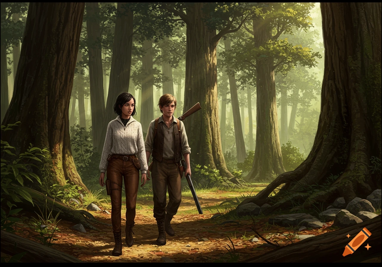 A young woman and man, carrying a shotgun, walk through a sunlit, ancient forest on a path.