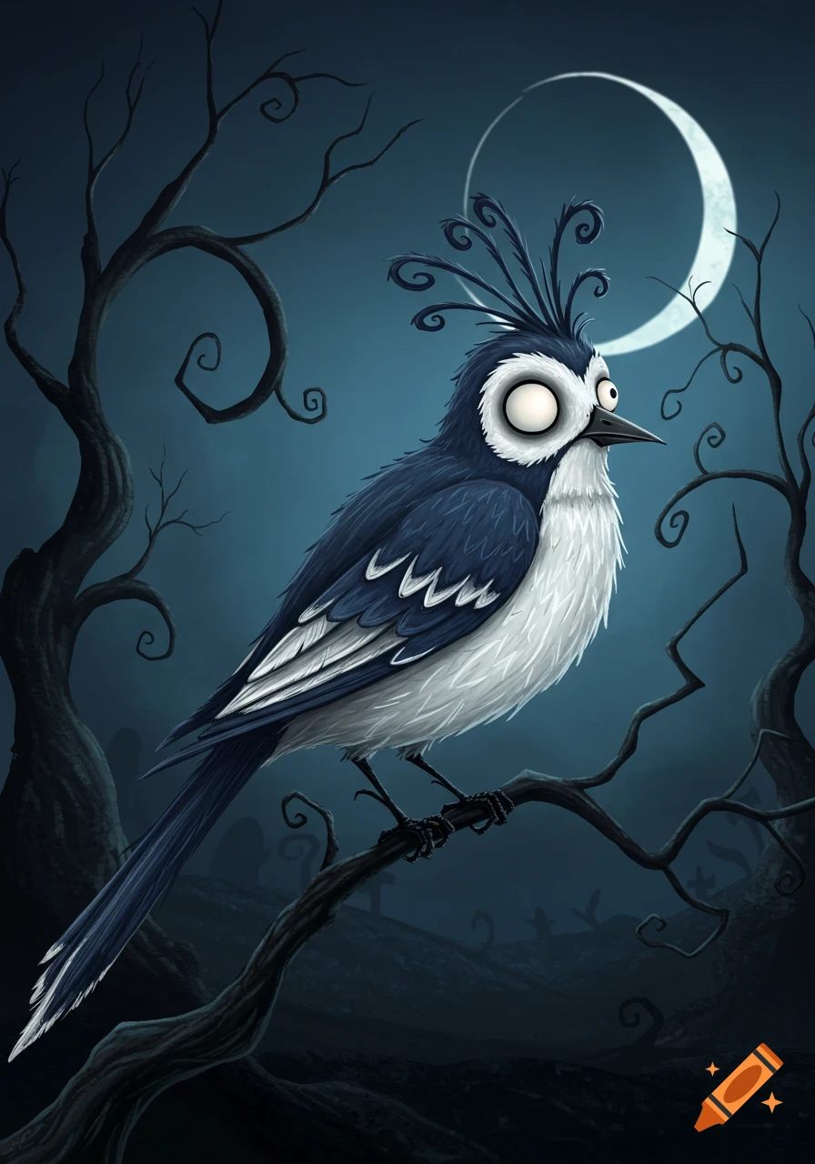 A gothic illustration of a dark blue and white imaginary bird with large white eyes and a spiky crest, perched on a twisted tree branch under a crescent moon.