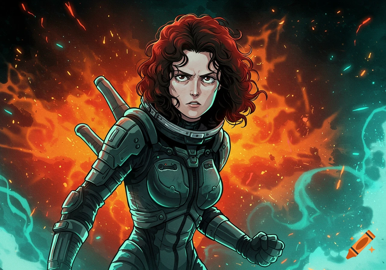 Anime illustration of a determined woman with curly hair in a sci-fi suit, standing against a fiery orange and teal background.