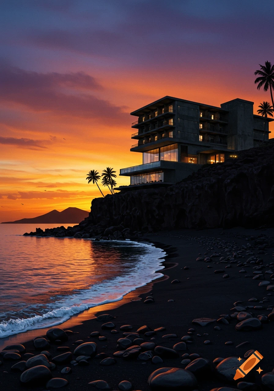 A modern hotel sits on a dark cliff overlooking a black sand beach and ocean under a vibrant orange and purple sunset.