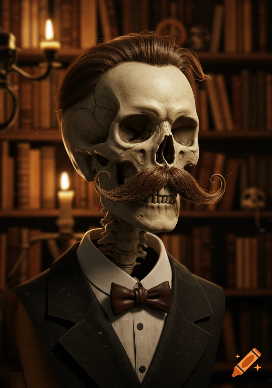 A dapper skeleton with a handlebar mustache, wearing a suit and bow tie, in a dimly lit library with candles. Photorealistic.