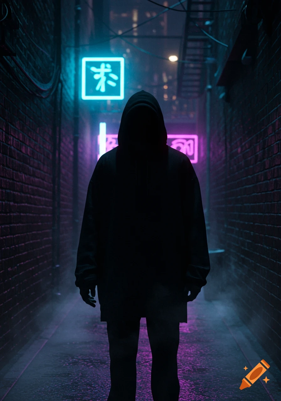 A dark silhouette of a hooded figure stands in a narrow, misty urban alley illuminated by glowing blue and pink neon signs with East Asian characters, creating a cyberpunk atmosphere.