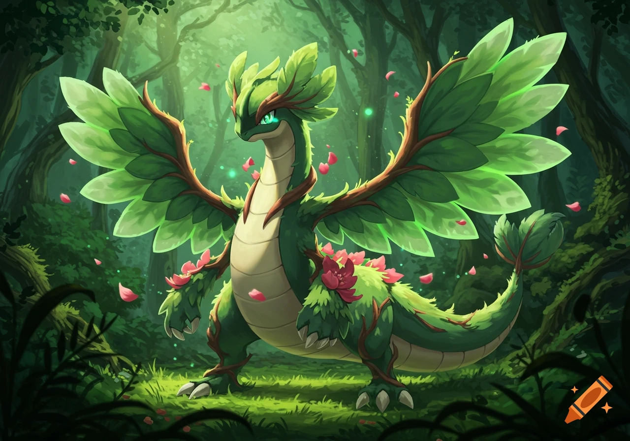 A green, leafy, grass/dragon type creature with large wings and pink flowers on its body stands in a vibrant forest.