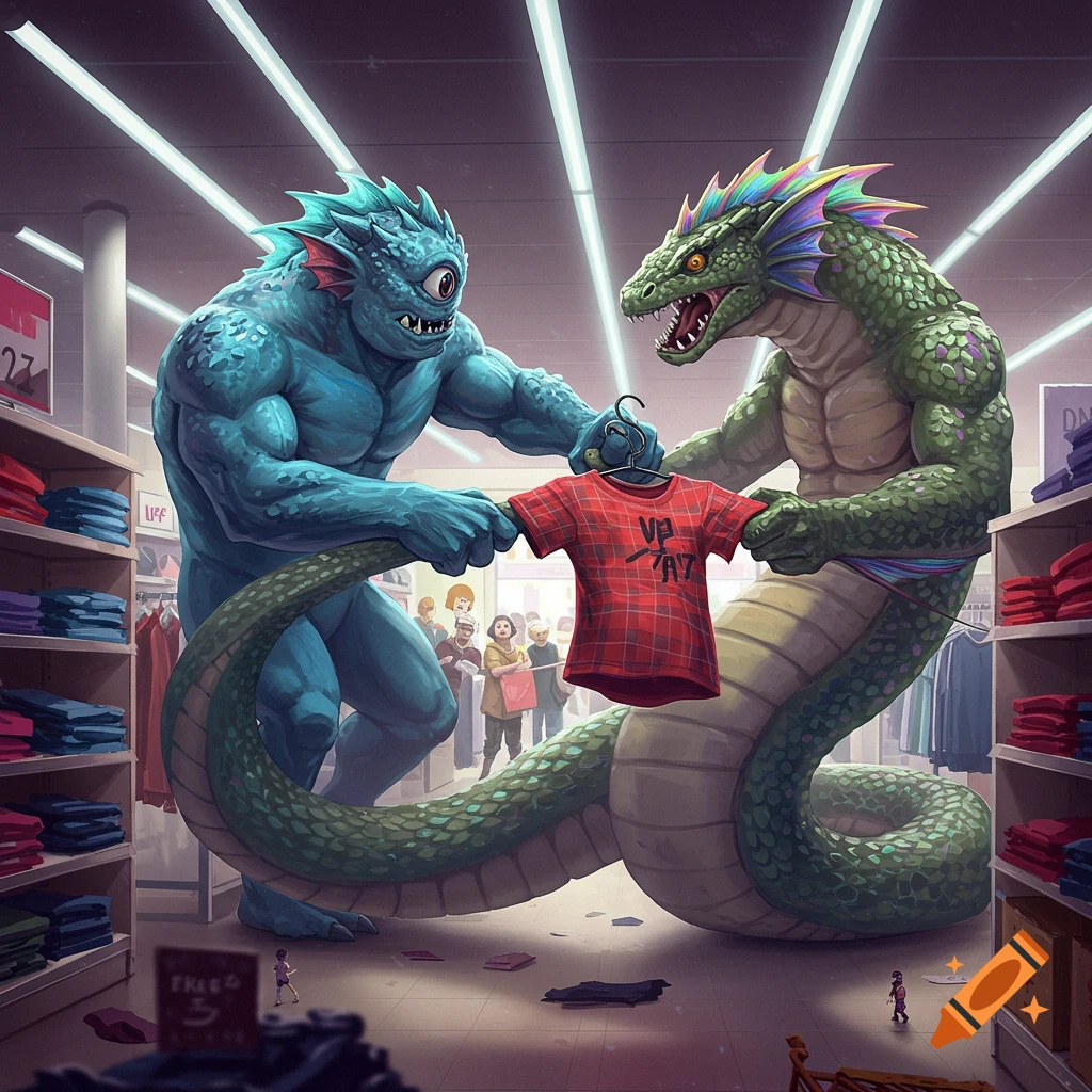 Two large, muscular fantasy monsters, one blue and one green, fight over a red plaid t-shirt in a department store aisle.