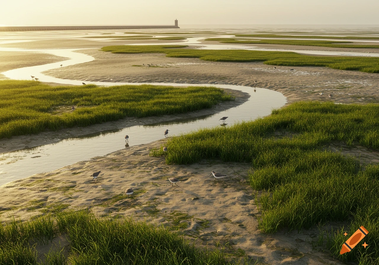 A photorealistic view of a winding creek through green marshland at sunset, with birds foraging on sandy banks and a distant lighthouse.