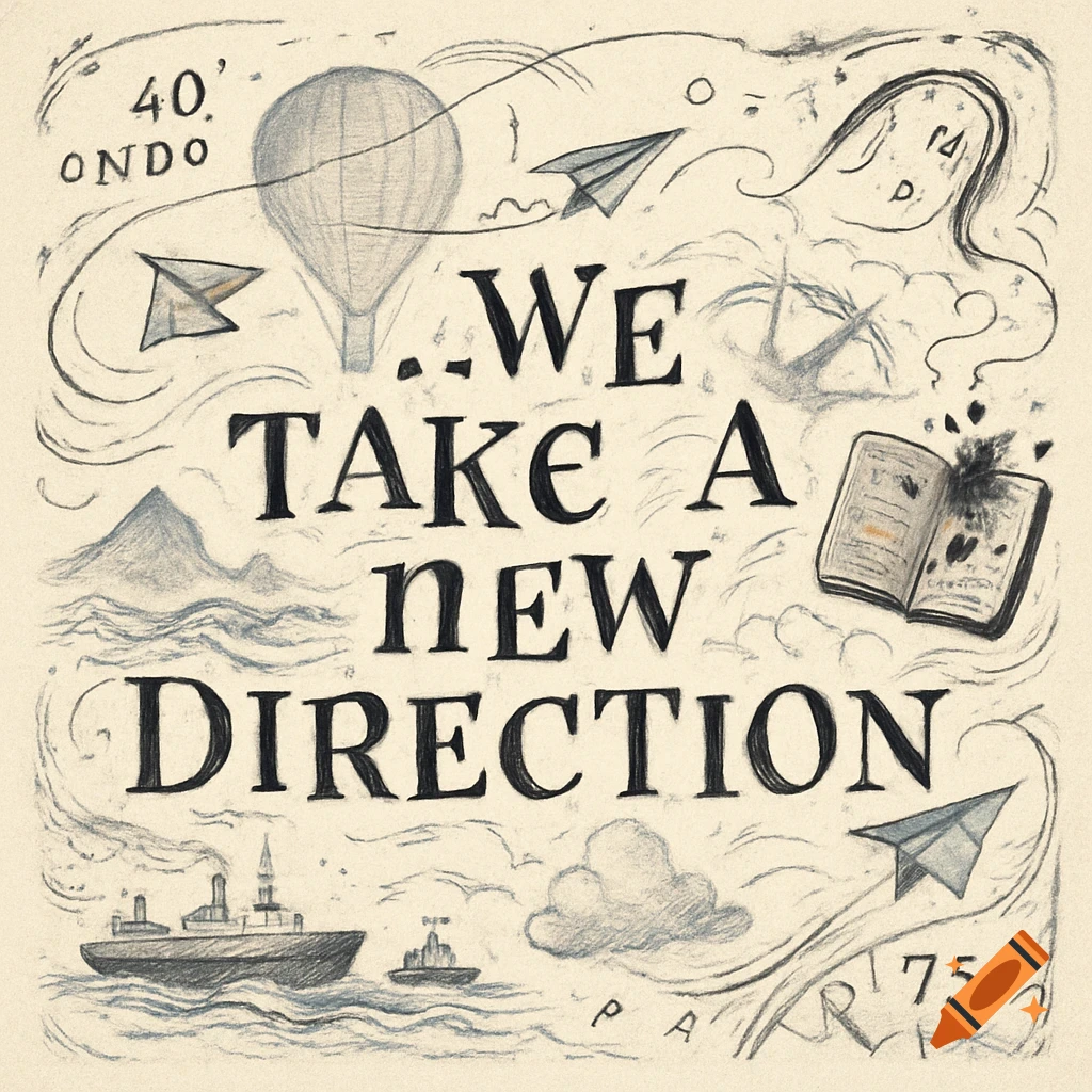 Hand-drawn sketch illustration of travel elements including hot air balloon, paper airplanes, ships, mountains, and waves, with the text "...WE TAKE A NEW DIRECTION" in the center, on a light background.