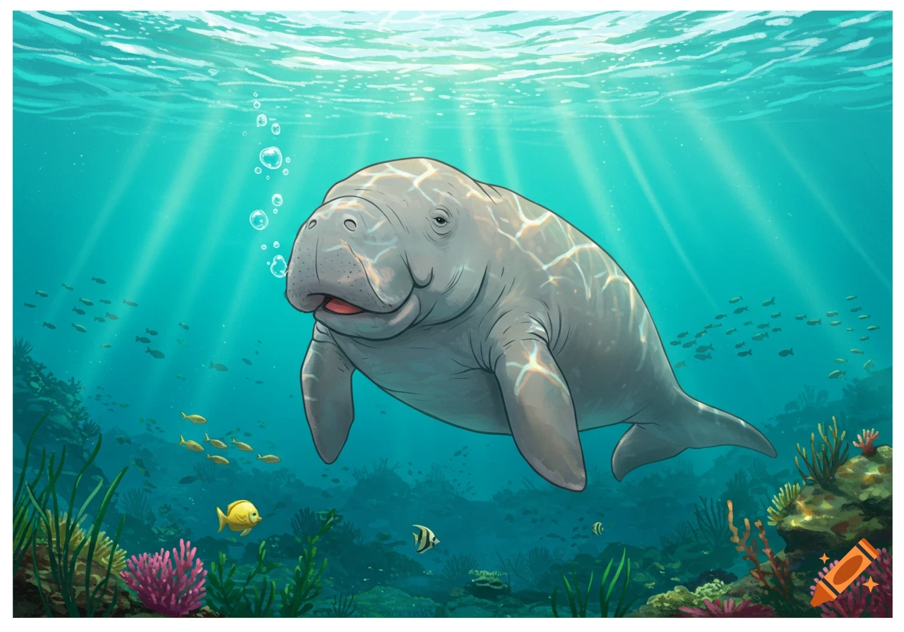 A cartoon dugong smiles as it swims underwater in a vibrant coral reef with fish and sun rays.