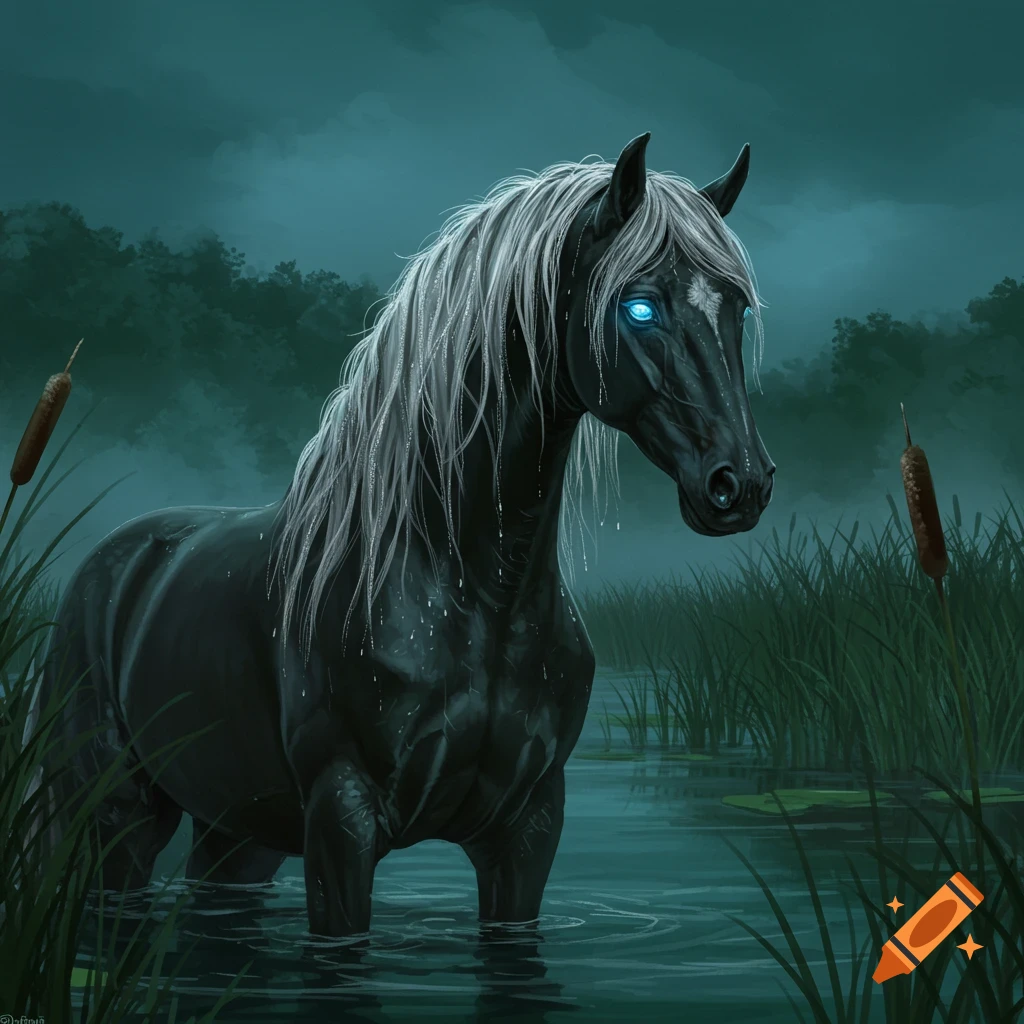 Digital art of a dark kelpie horse with glowing blue eyes, white mane, standing in murky water with reeds at night.