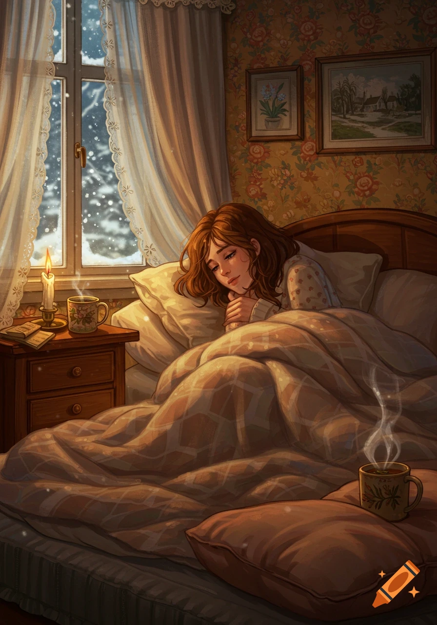 Illustrated scene of a young woman contemplatively lying in a cozy bed, candlelight and steaming mugs beside her, snow visible outside the window.