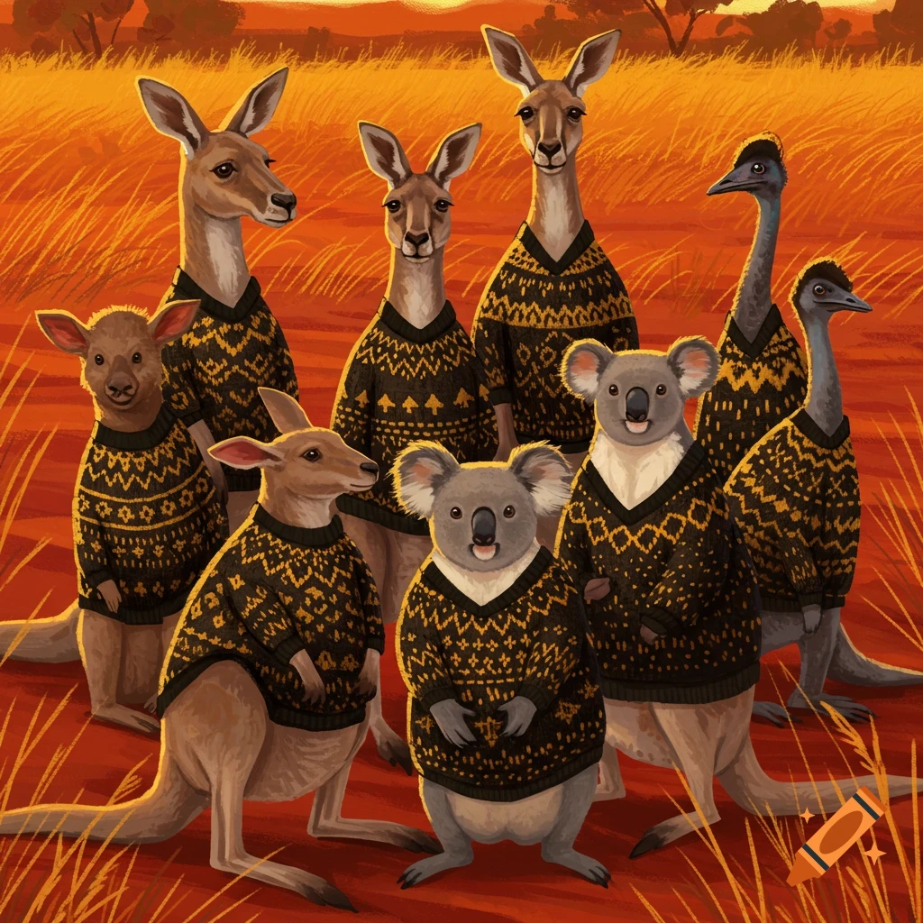 Illustrated Australian animals including kangaroos, koalas, and emus wearing dark and gold patterned sweaters in an orange, grassy landscape.