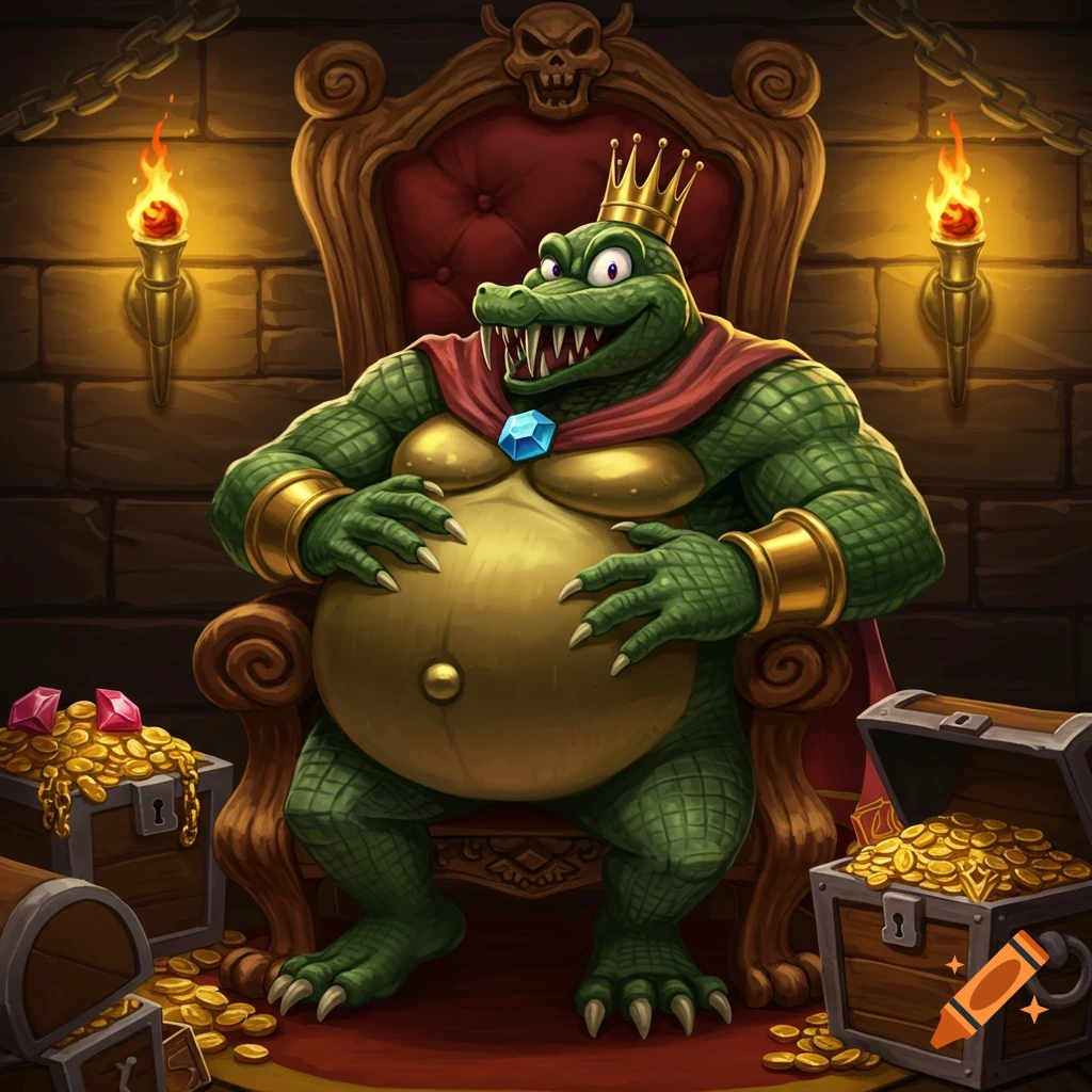 King K. Rool sits on a red throne in a dungeon, rubbing his large belly, surrounded by gold and gems.