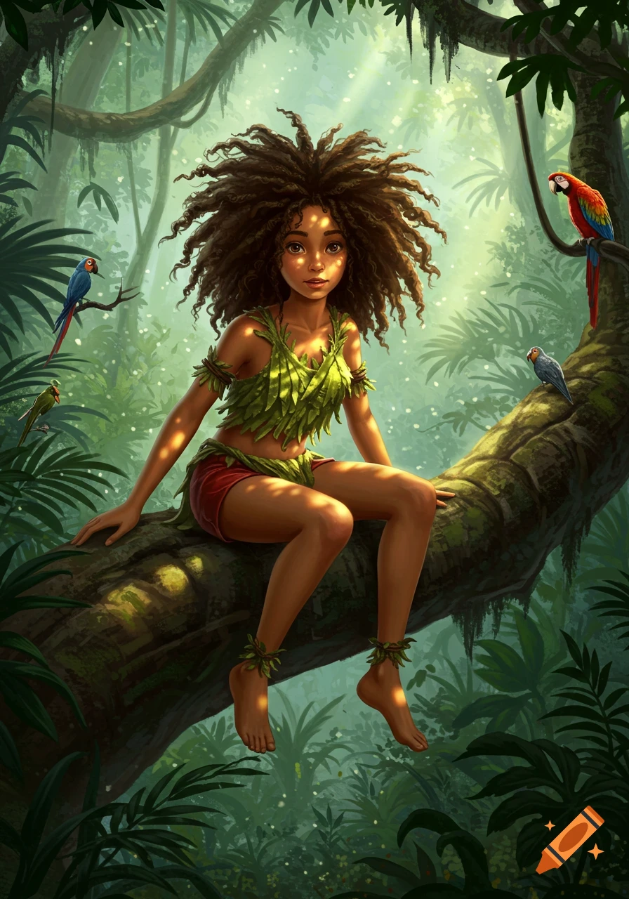 An illustrated fantasy of a curly-haired girl in a leafy outfit sitting on a large jungle tree branch with parrots.