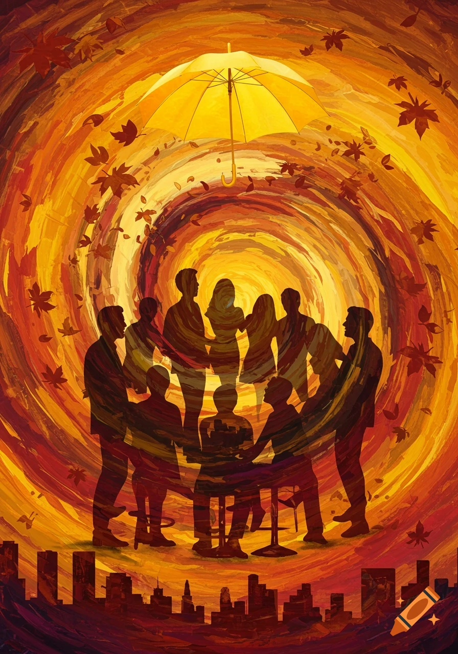 Abstract painting of silhouetted people under a yellow umbrella, swirling autumn leaves, and a city skyline.